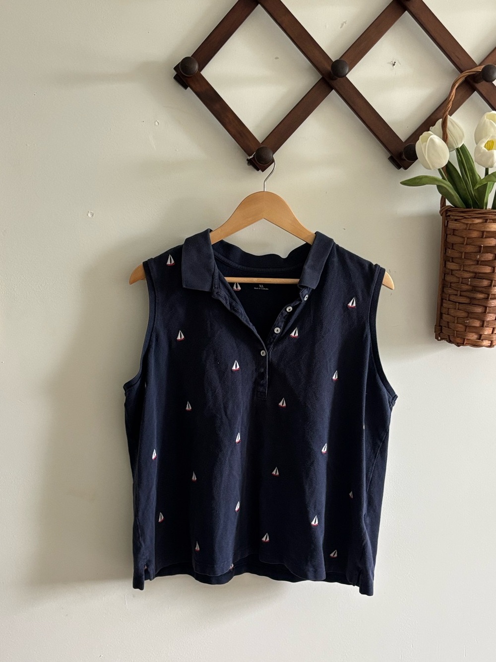 croft & barrow Navy Sleeveless Polo with Embroidered Sailboats